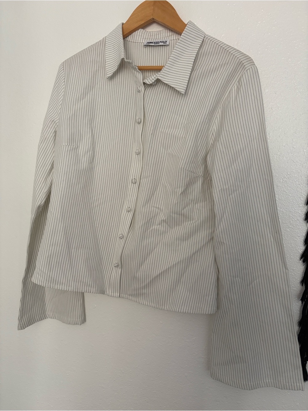 Princess Polly Cream and Gray Pinstripe Button-Down Shirt